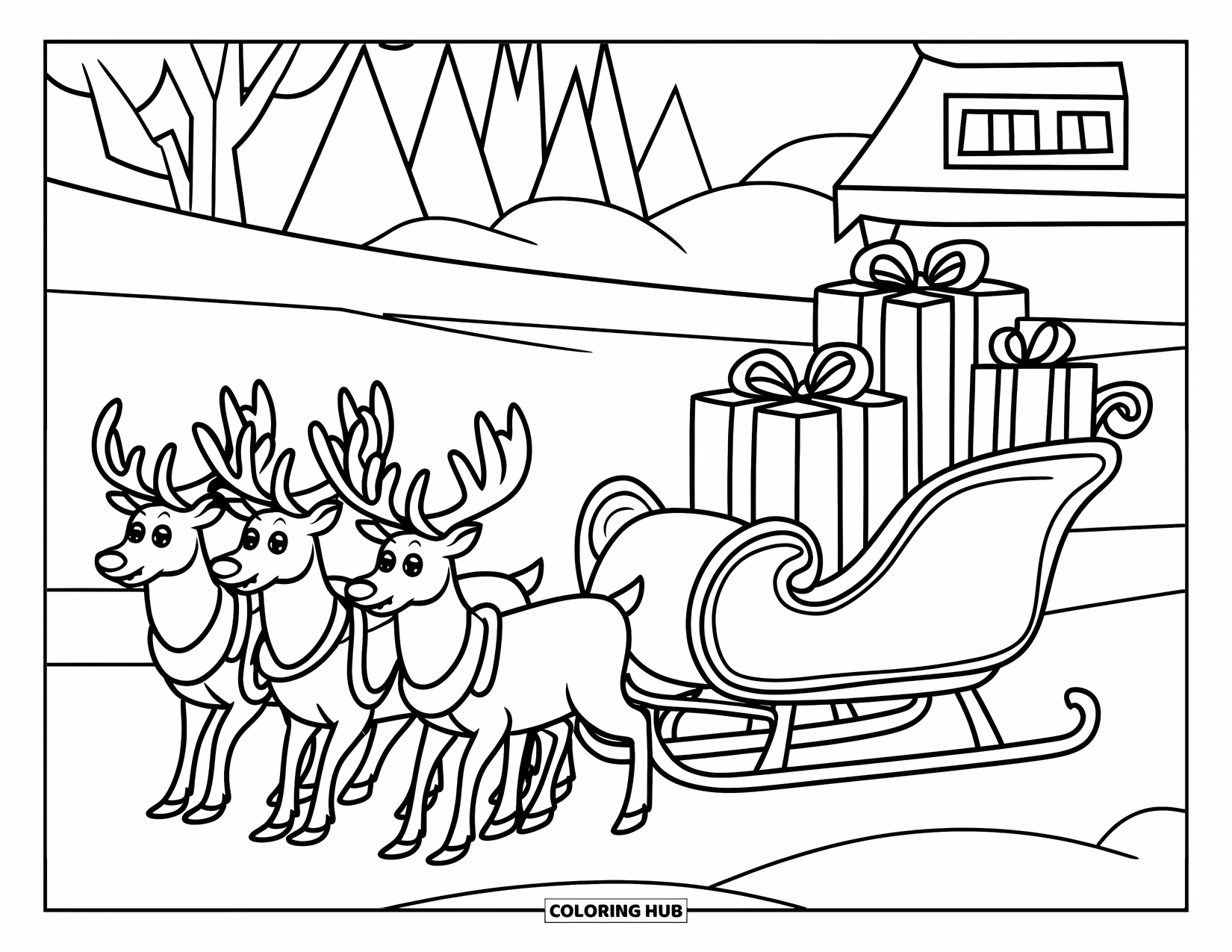Kerst Kleurplaat voor Kinderen: Een feestelijke slee vol cadeaus, getrokken door rendieren door een winterwonderland