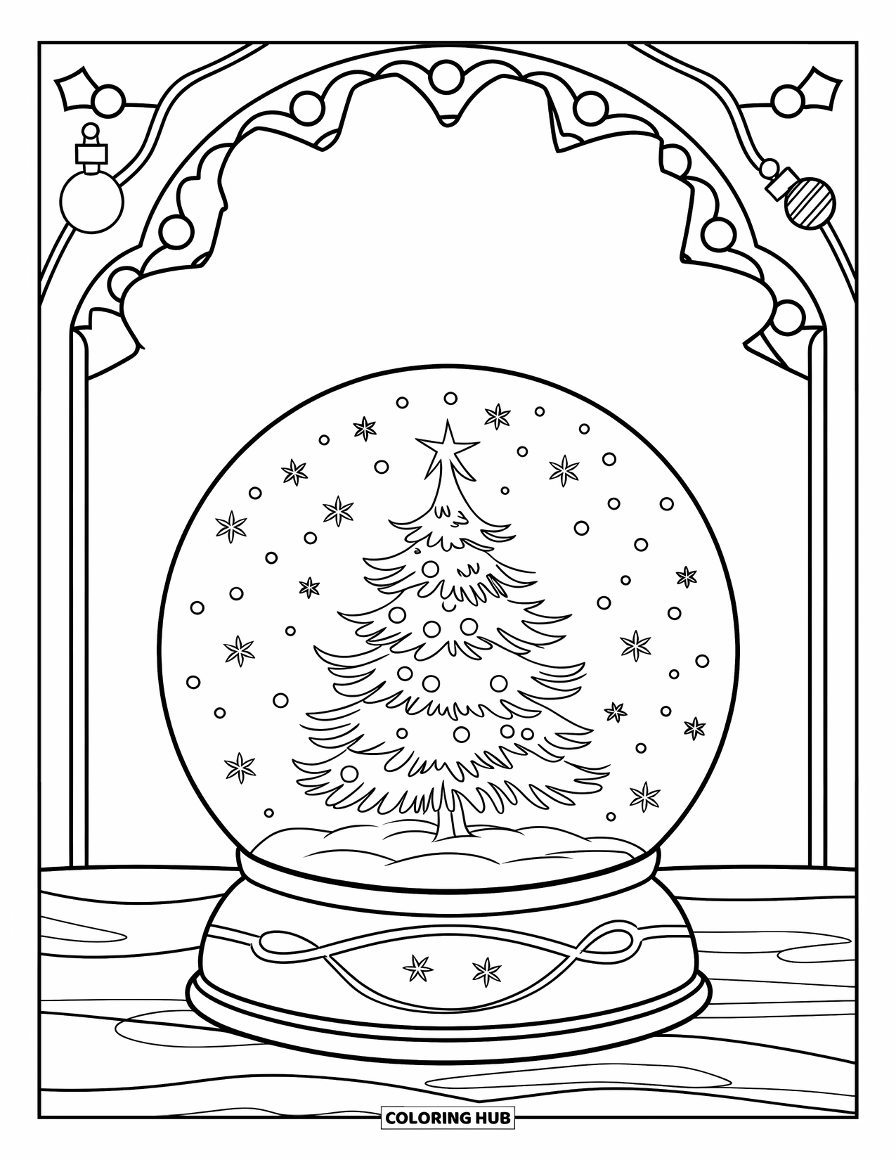 Kerst Kleurplaat voor Kinderen: Een feestelijke sneeuwbol met een twinkelende boom erin, geplaatst op een houten standaard