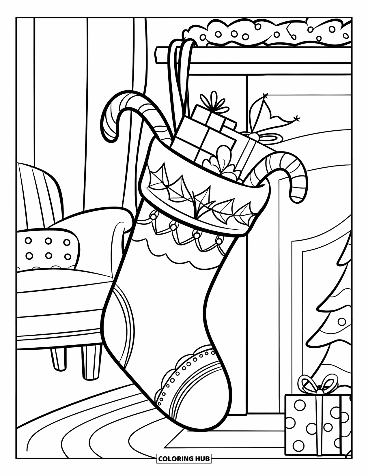 Kerst Kleurplaat voor Kinderen: Een feestelijke kous die overloopt van cadeaus, hangend aan een versierde open haard