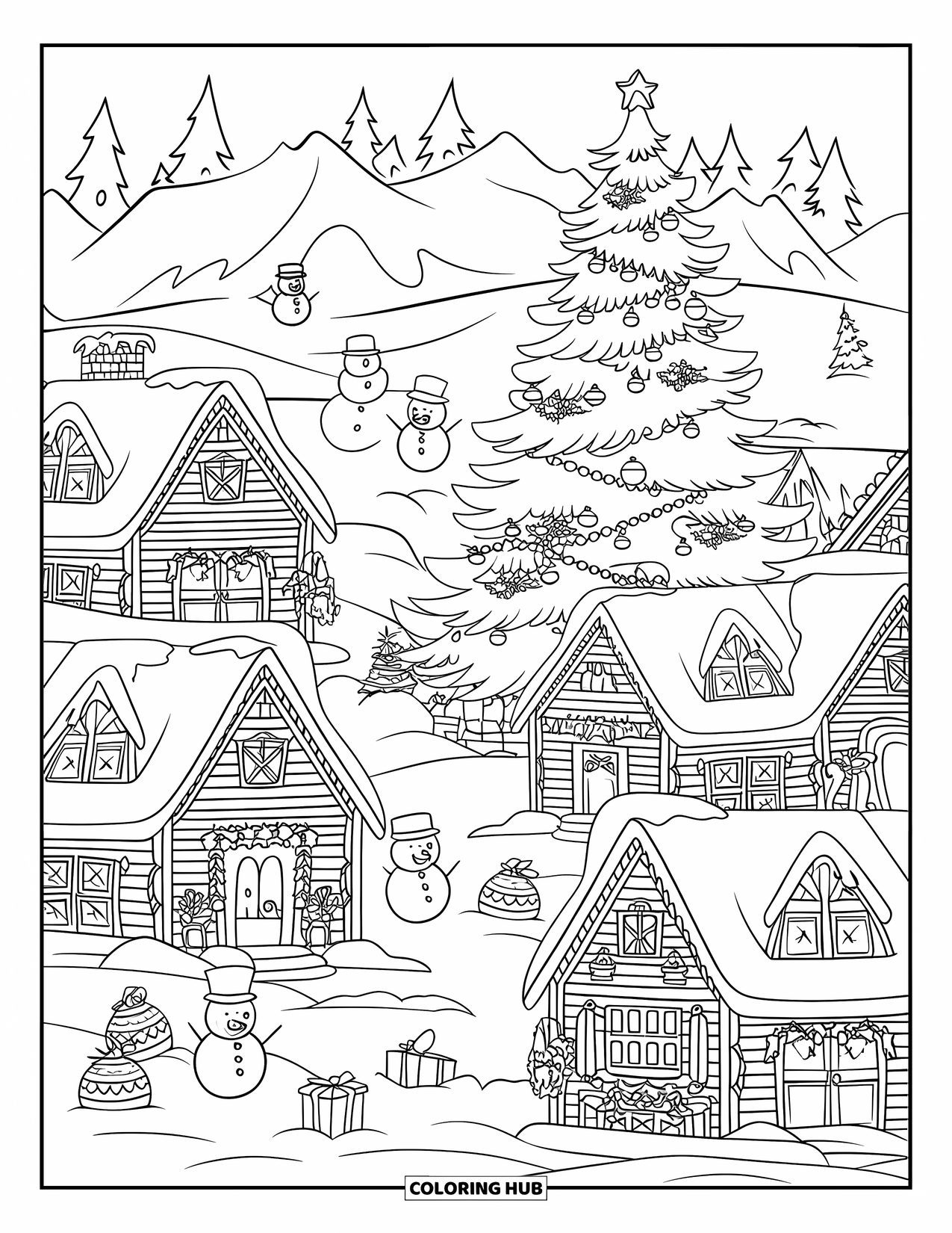 Kerst Kleurplaat voor Kinderen: Een feestelijk dorp met twinkelende lichtjes, besneeuwde daken en een grote kerstboom