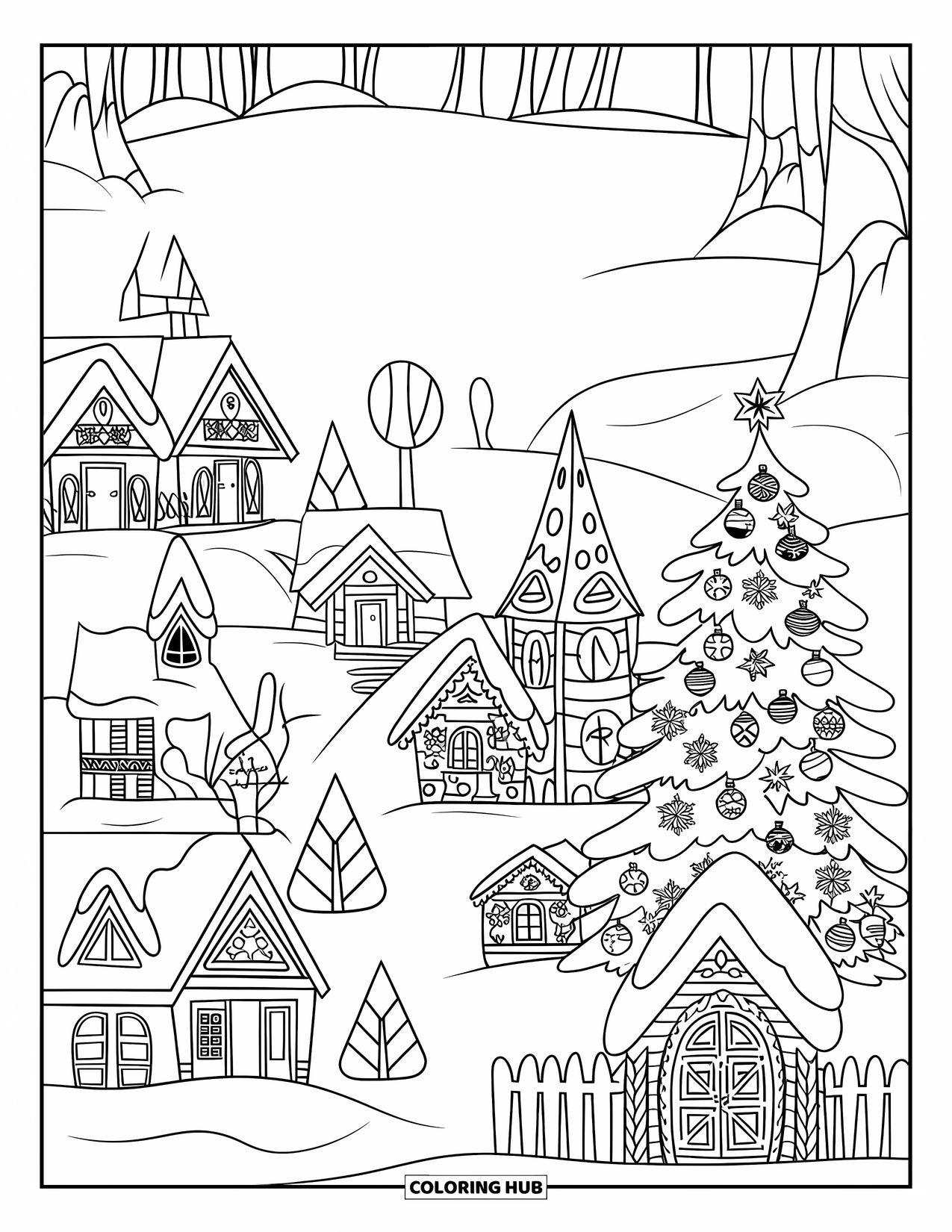 Kerst Kleurplaat voor Kinderen: Een feestelijke winterscène met een kerstdorp, een versierde boom en de slee van de kerstman