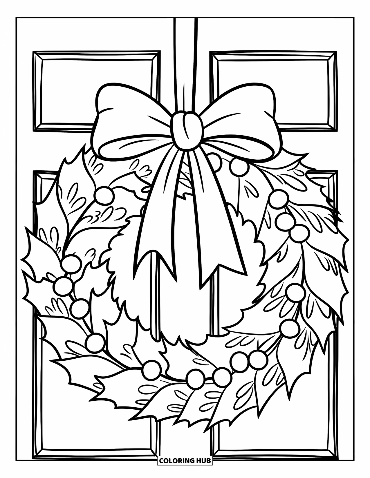 Kerst Kleurplaat voor Kinderen: Een feestelijke krans met hulstbladeren en een strik hangt aan een houten deur