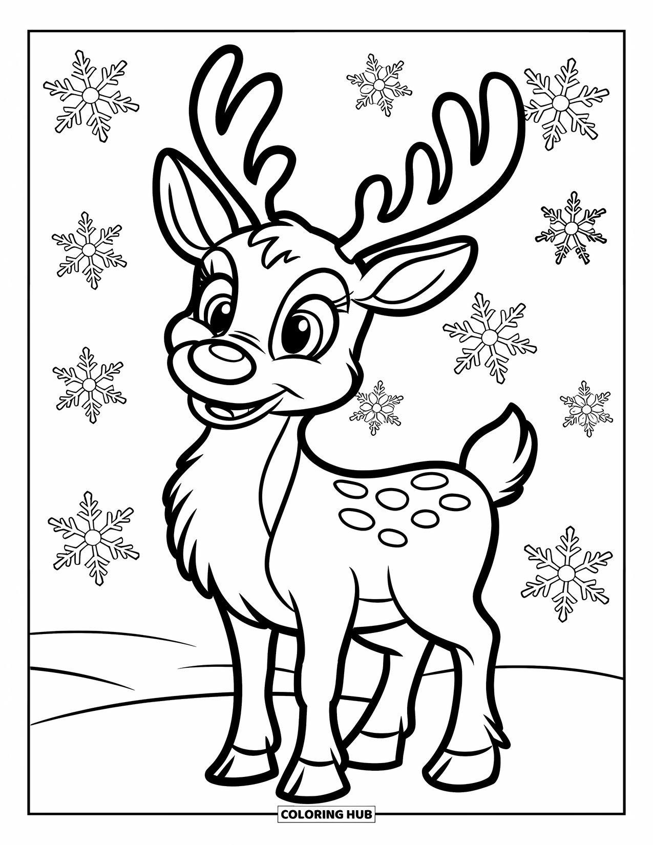 Kerst Kleurplaat voor Kinderen: Een vriendelijk rendier met een groot gewei en een ronde neus staat in de sneeuw