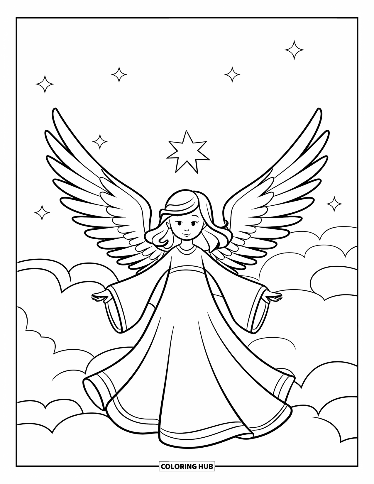 Kerst Kleurplaat voor Kinderen: Een sierlijke engel met grote vleugels staat op een wolk, gloeiend onder een sterrenhemel