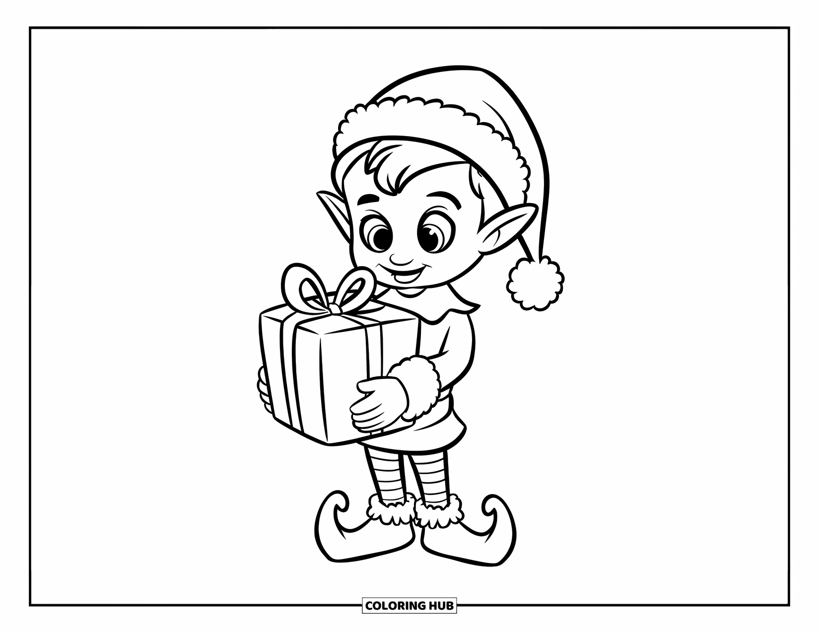 Kerst Kleurplaat voor Kinderen: Een vrolijke elf met een kerstmuts houdt een prachtig ingepakt cadeau vast met een grote glimlach