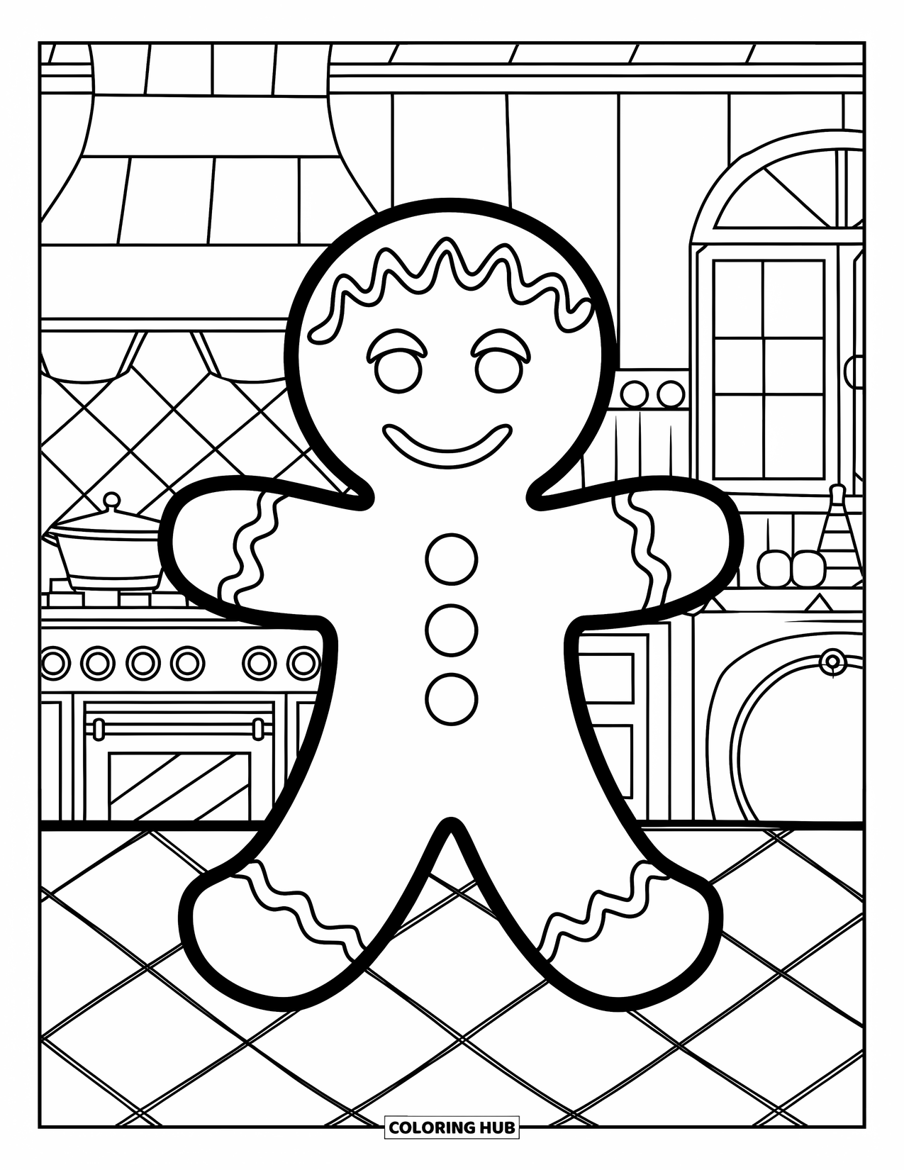 Kerst Kleurplaat voor Kinderen: Een vrolijk peperkoekmannetje met snoepversieringen staat in een gezellige keuken