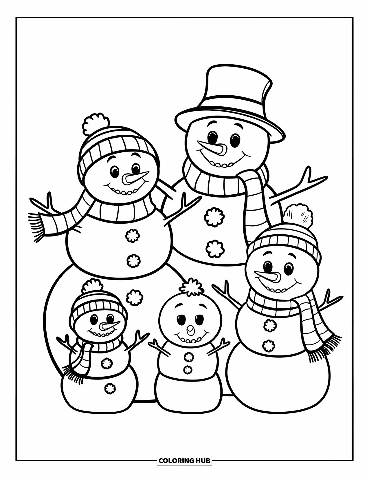 Kerst Kleurplaat voor Kinderen: Een vrolijke sneeuwpopfamilie van vier staat samen, ingepakt in sjaals en mutsen