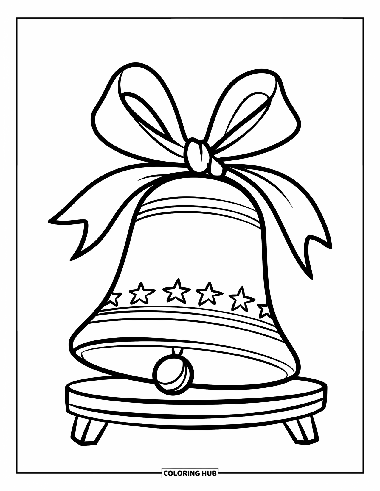 Kerst Kleurplaat voor Kinderen: Een feestelijke bel met een lint en kleine sterontwerpen staat op een houten standaard