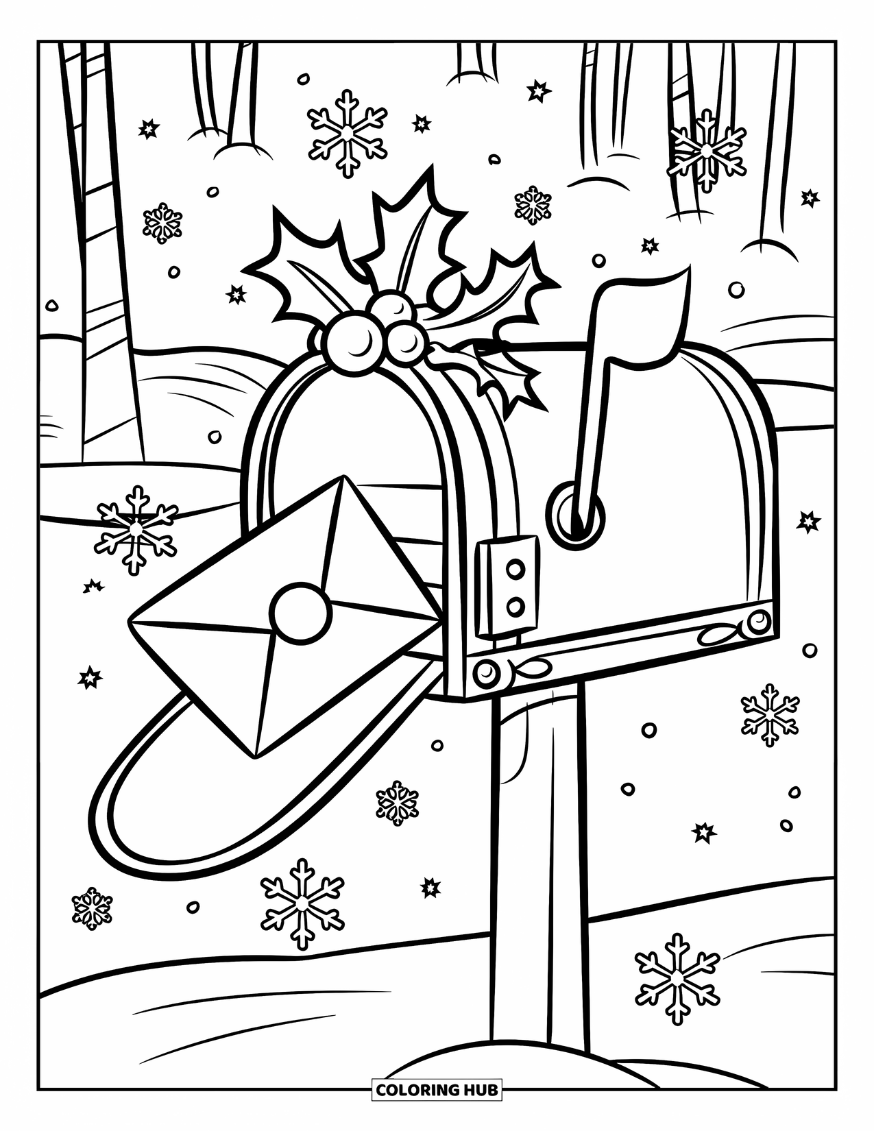 Kerst Kleurplaat voor Kinderen: Een feestelijke brievenbus met hulst en een strik, omringd door sneeuwvlokken in een winterscène