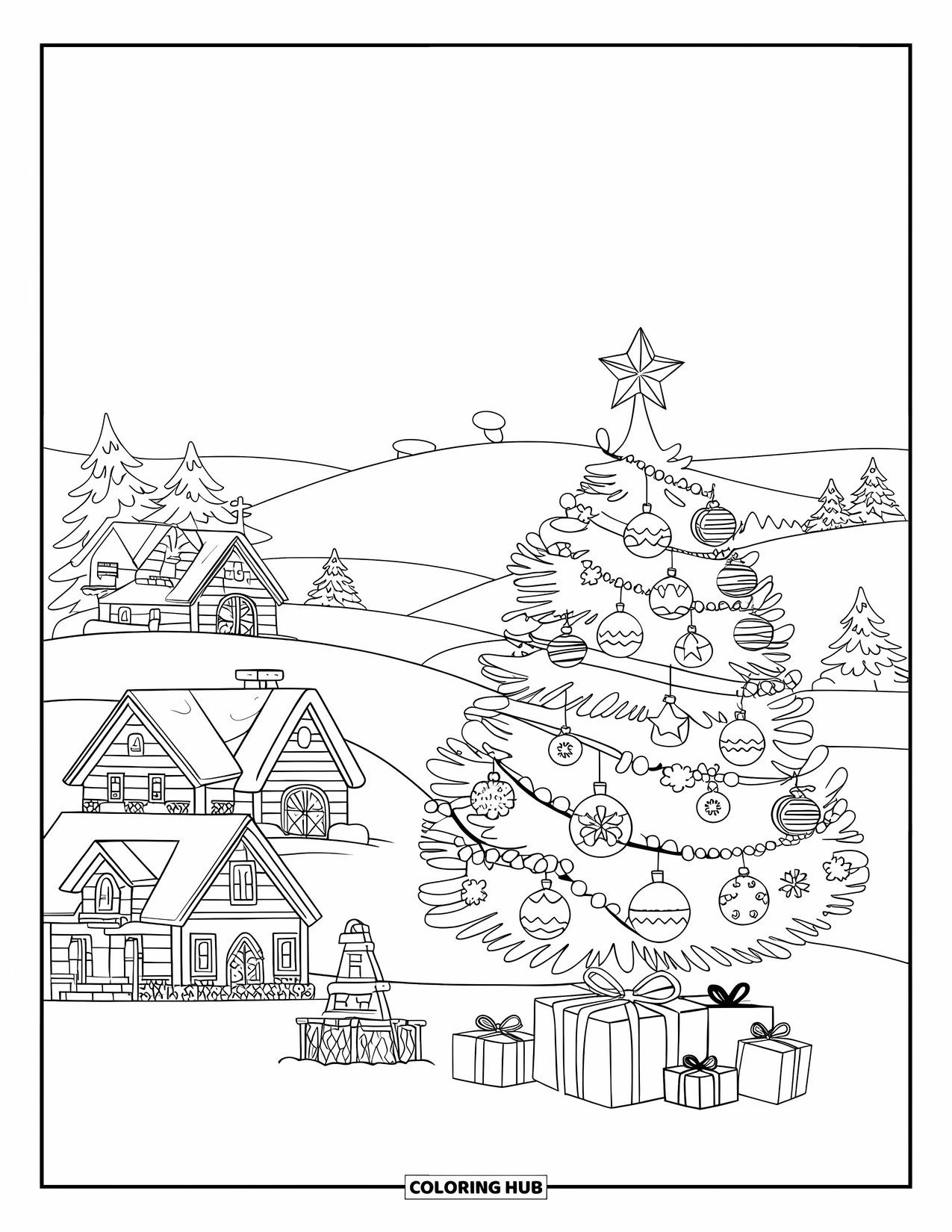 Kerst Kleurplaat voor Kinderen: Een feestdagscène met een besneeuwd dorp, een met sterren bekroonde boom en de slee van de kerstman in de lucht