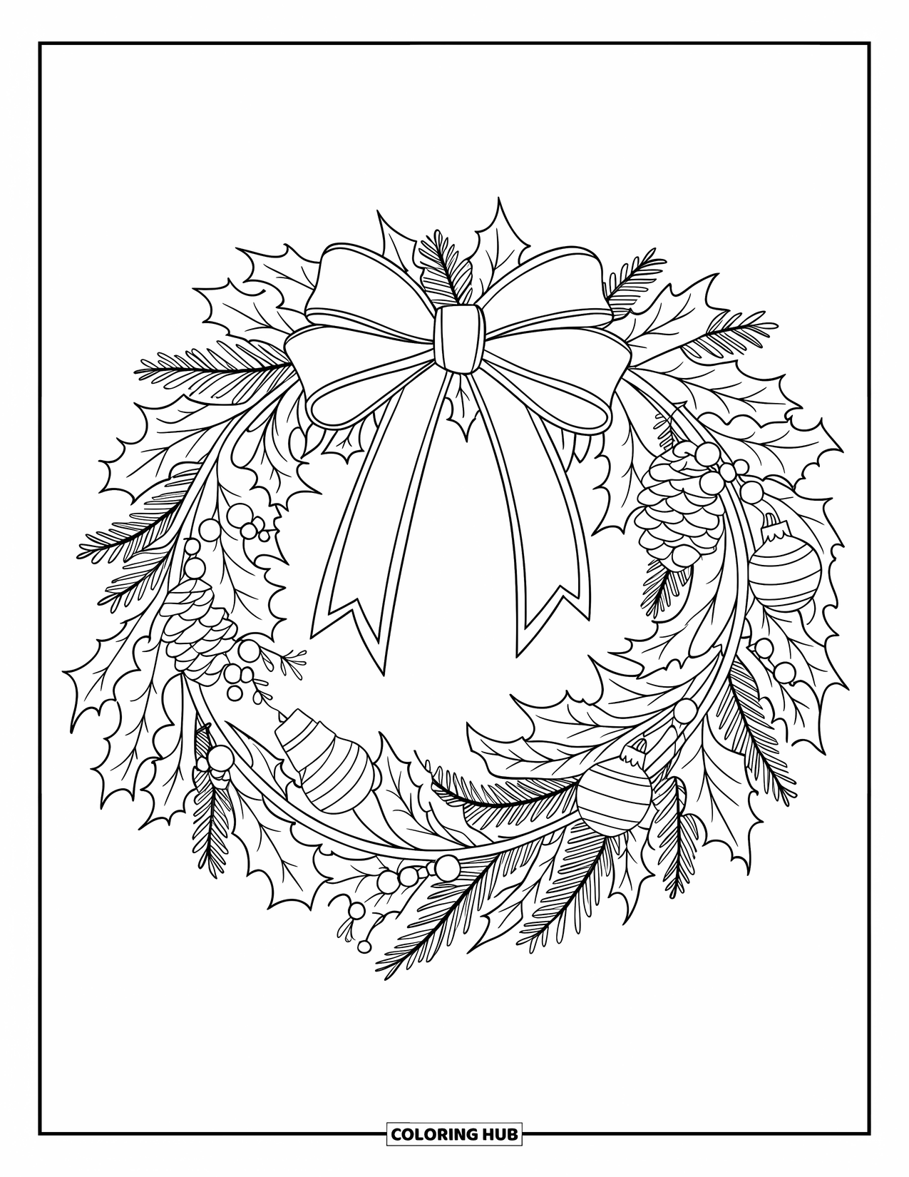 Kerst Kleurplaat voor Kinderen: Een feestelijke krans gemaakt van hulst, dennenappels en maretak, vastgebonden met een lint