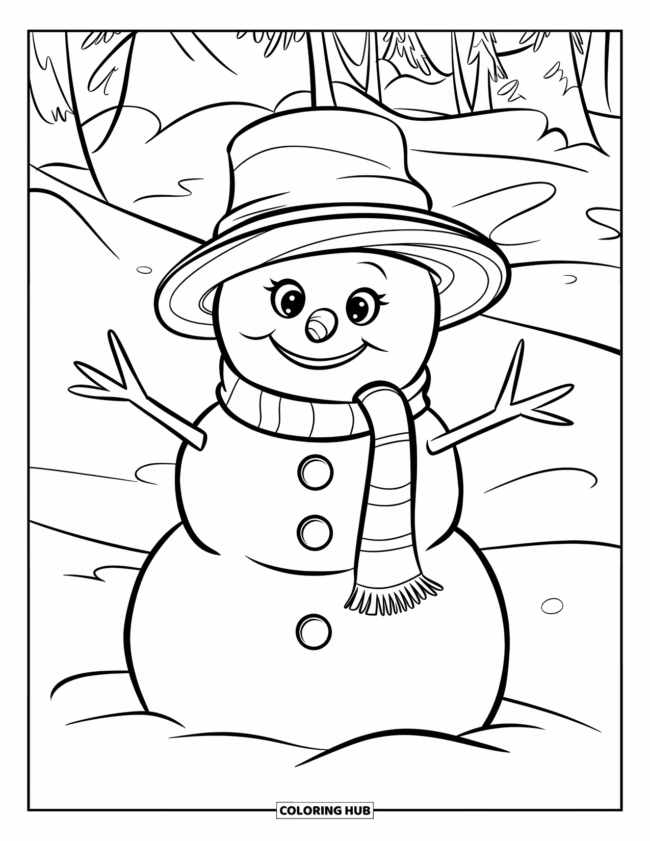 Kerst Kleurplaat voor Kinderen: Een vrolijke sneeuwpop met een knusse sjaal en muts staat in een besneeuwd wonderland