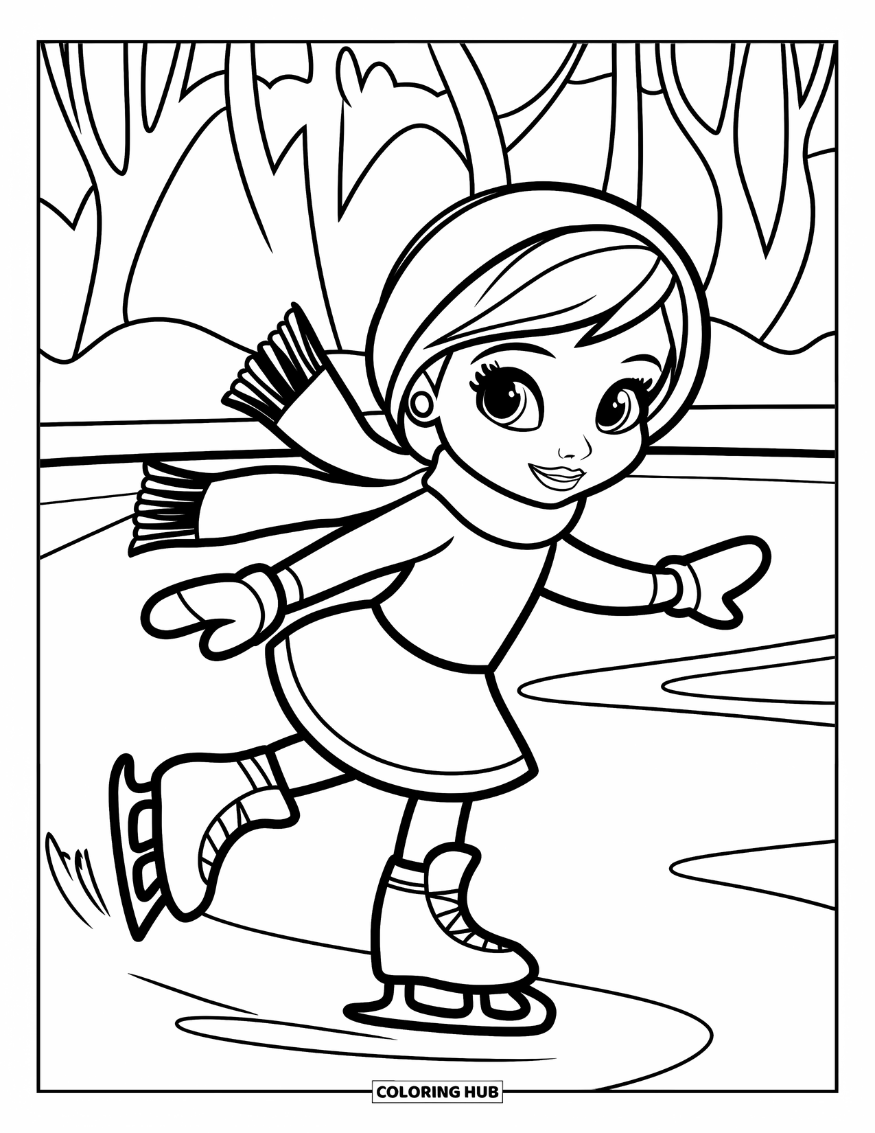 Kerst Kleurplaat voor Kinderen: Een klein meisje schaatst sierlijk op een bevroren vijver, haar sjaal wappert achter haar aan