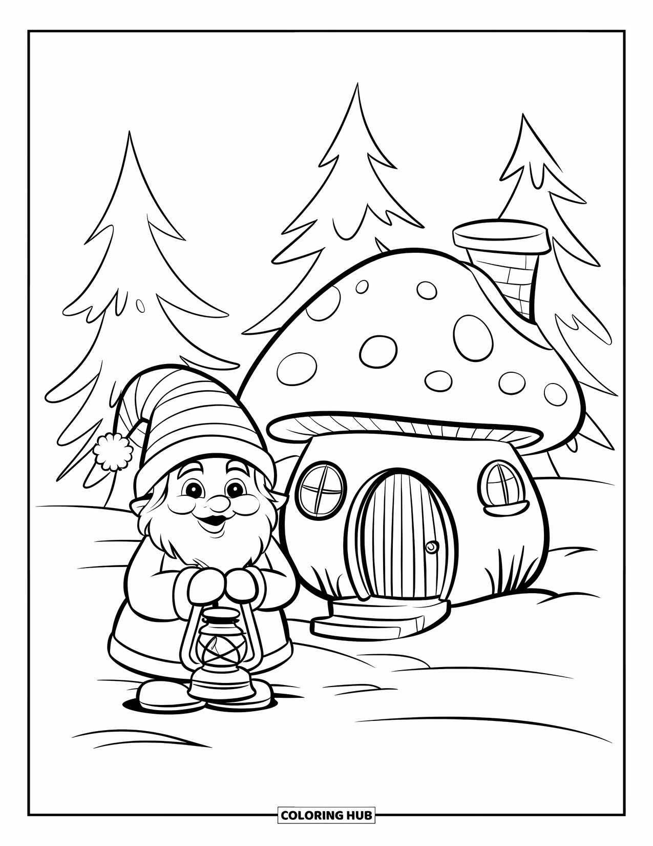 Kerst Kleurplaat voor Kinderen: Een kleine winterkabouter met een lantaarn staat naast een gezellig paddenstoelenhuisje