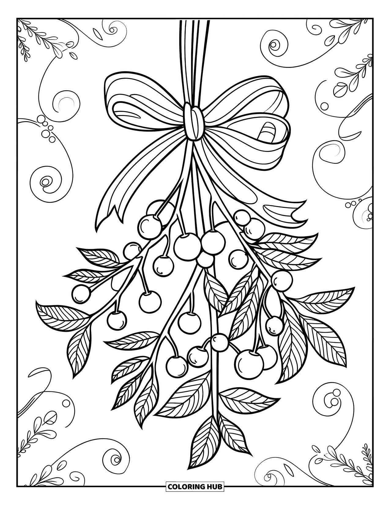 Kerst Kleurplaat voor Kinderen: Een maretak tak met gedetailleerde bladeren en bessen, vastgebonden met een vintage lintstrik