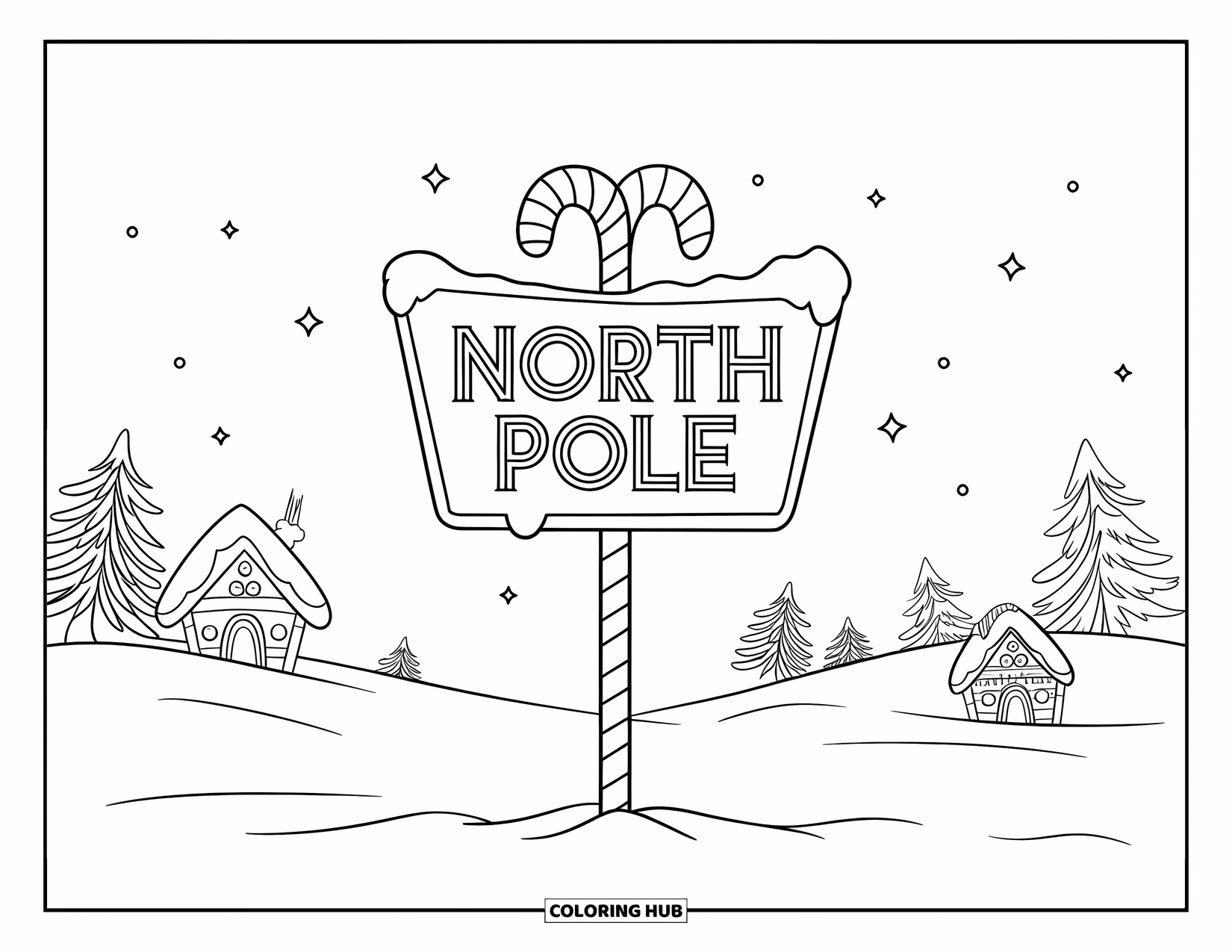 Kerst Kleurplaat voor Kinderen: Een Noordpool-wegwijzer op een besneeuwd veld, omringd door elfenhuisjes en een sterrenhemel