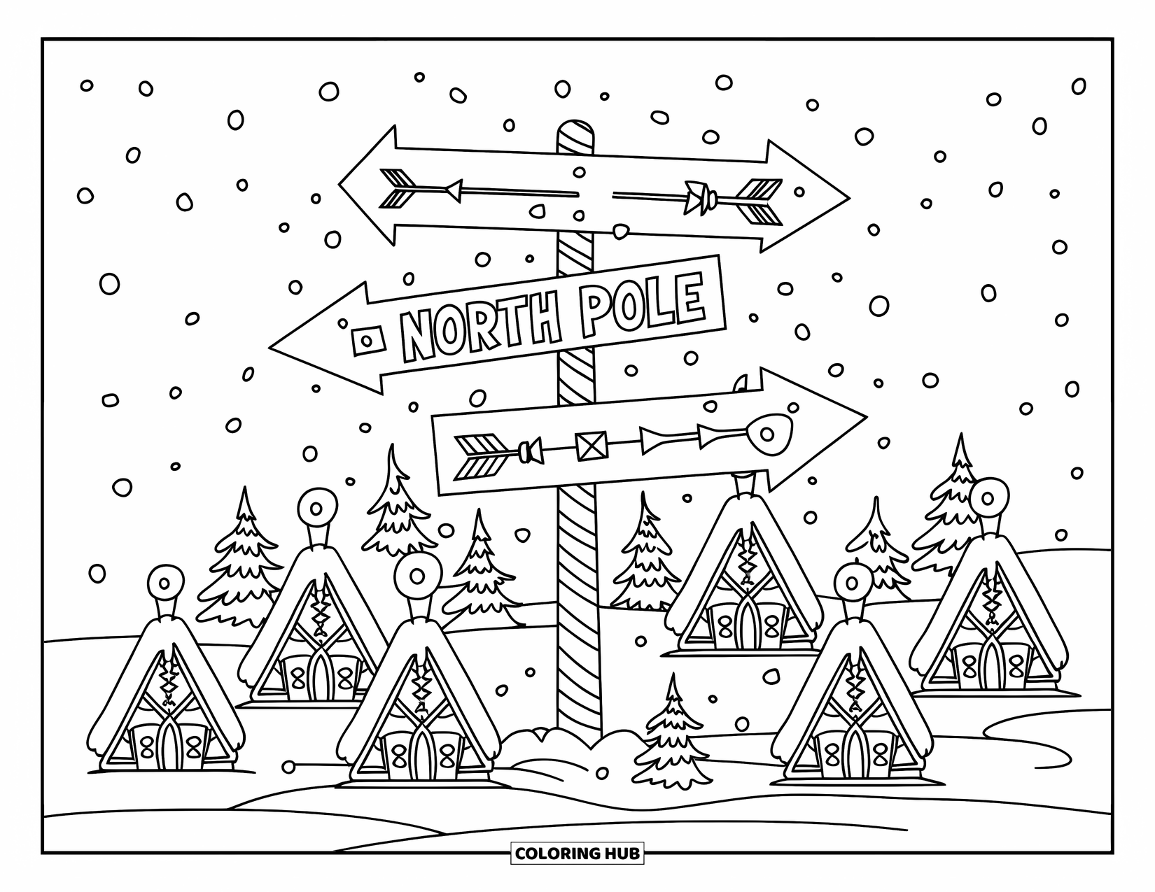 Kerst Kleurplaat voor Kinderen: Een Noordpool-wegwijzer met pijlen, elfenhuisjes met rokende schoorstenen en verspreide dennenbomen