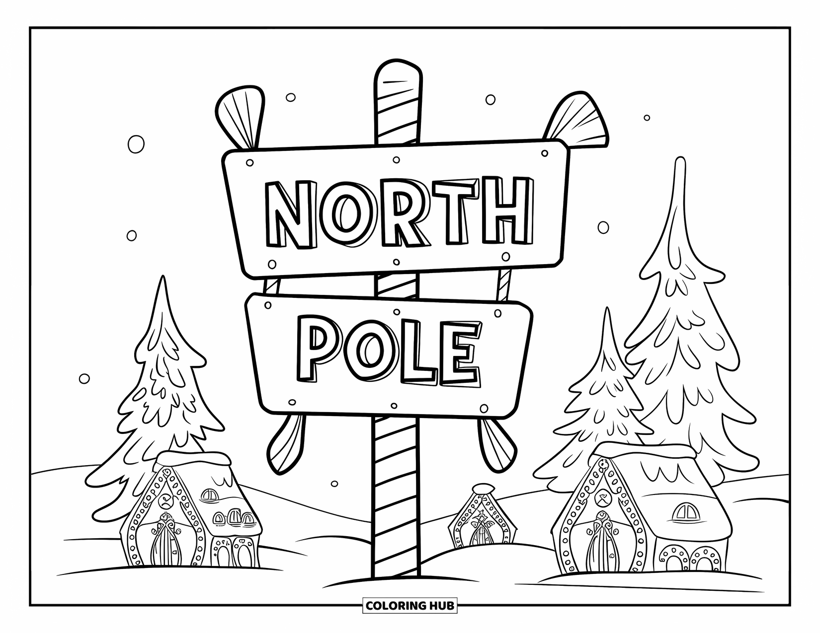 Kerst Kleurplaat voor Kinderen: Een Noordpool-wegwijzer met zuurstokstrepen, omringd door elfenhuisjes en besneeuwde dennenbomen