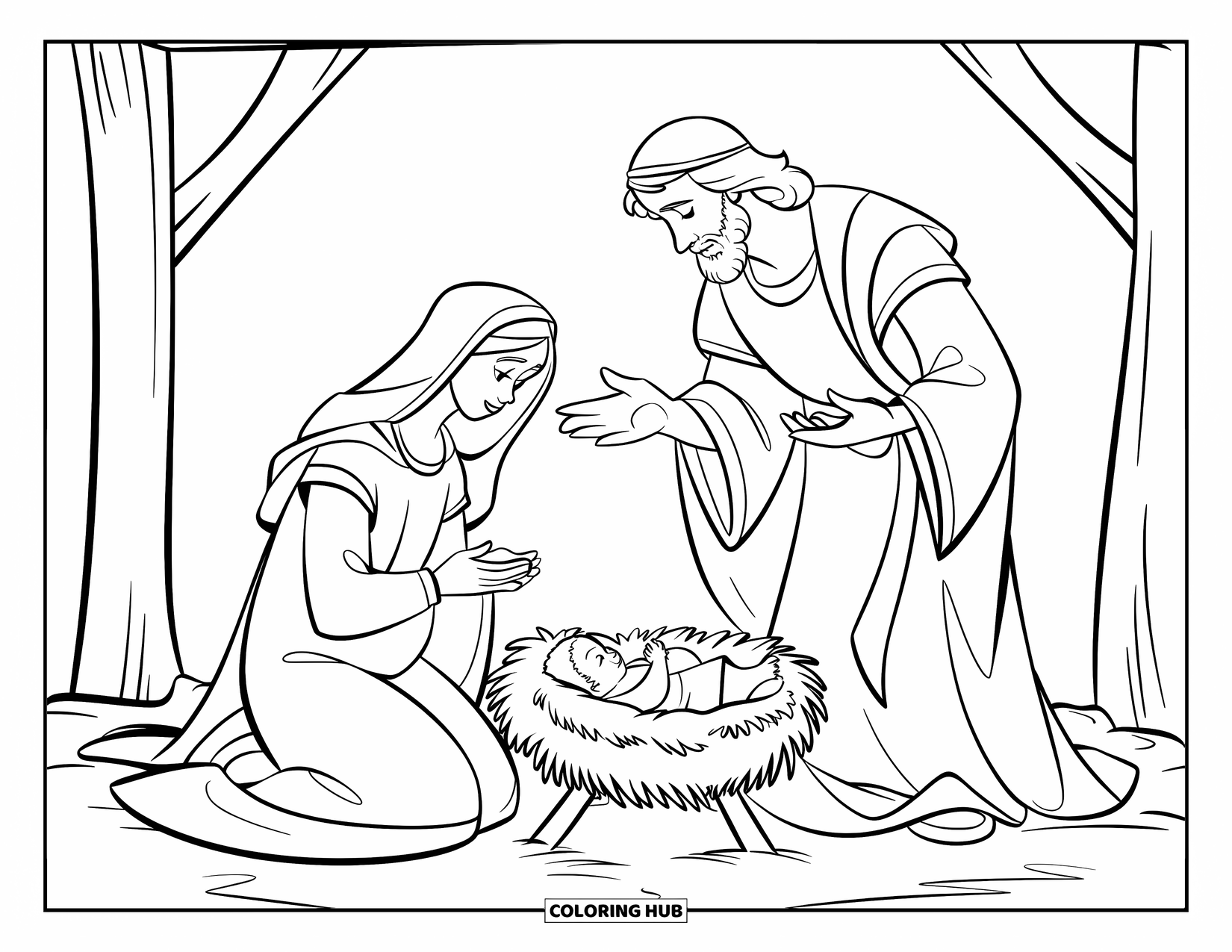 Kerst Kleurplaat voor Kinderen: Een vredige kerststal met Maria, Jozef en Baby Jezus in een eenvoudige stal