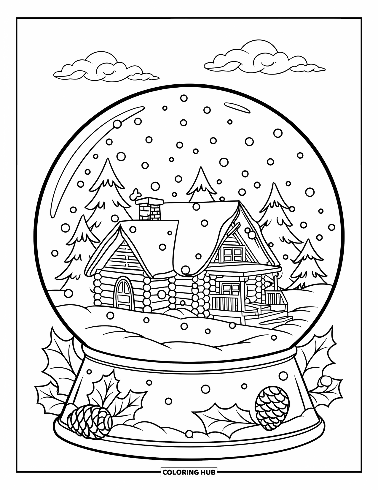 Kerst Kleurplaat voor Kinderen: Een vredige sneeuwbol met een kleine blokhut, dennenbomen en dwarrelende sneeuwvlokken
