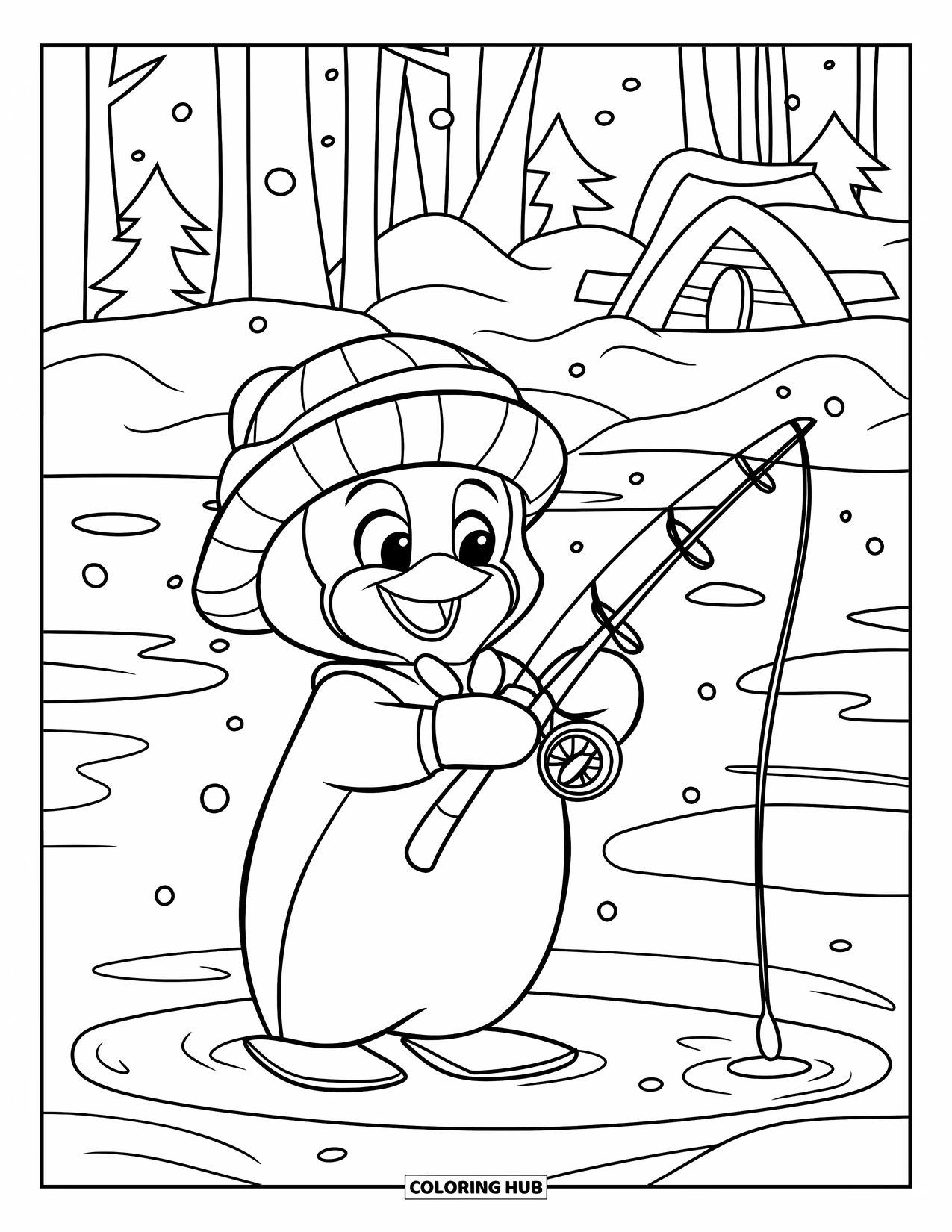 Kerst Kleurplaat voor Kinderen: Een pinguïn die ijs vist op een bevroren vijver, ingepakt in een muts en handschoenen