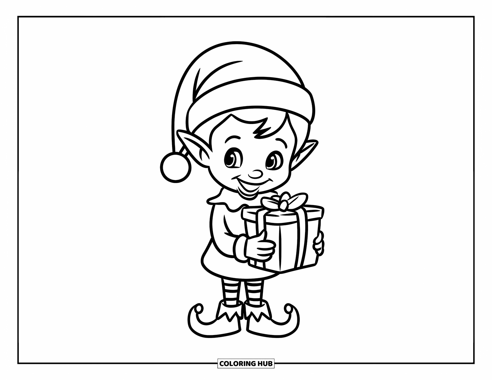 Kerst Kleurplaat voor Kinderen: Een speelse elf met een kerstmuts en puntige schoenen houdt een ingepakt cadeau vast met een glimlach