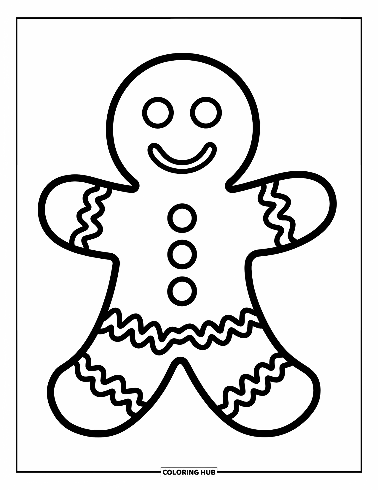 Kerst Kleurplaat voor Kinderen: Een speelse peperkoekman met glazuurdetails en een grote glimlach staat tegen een eenvoudige achtergrond