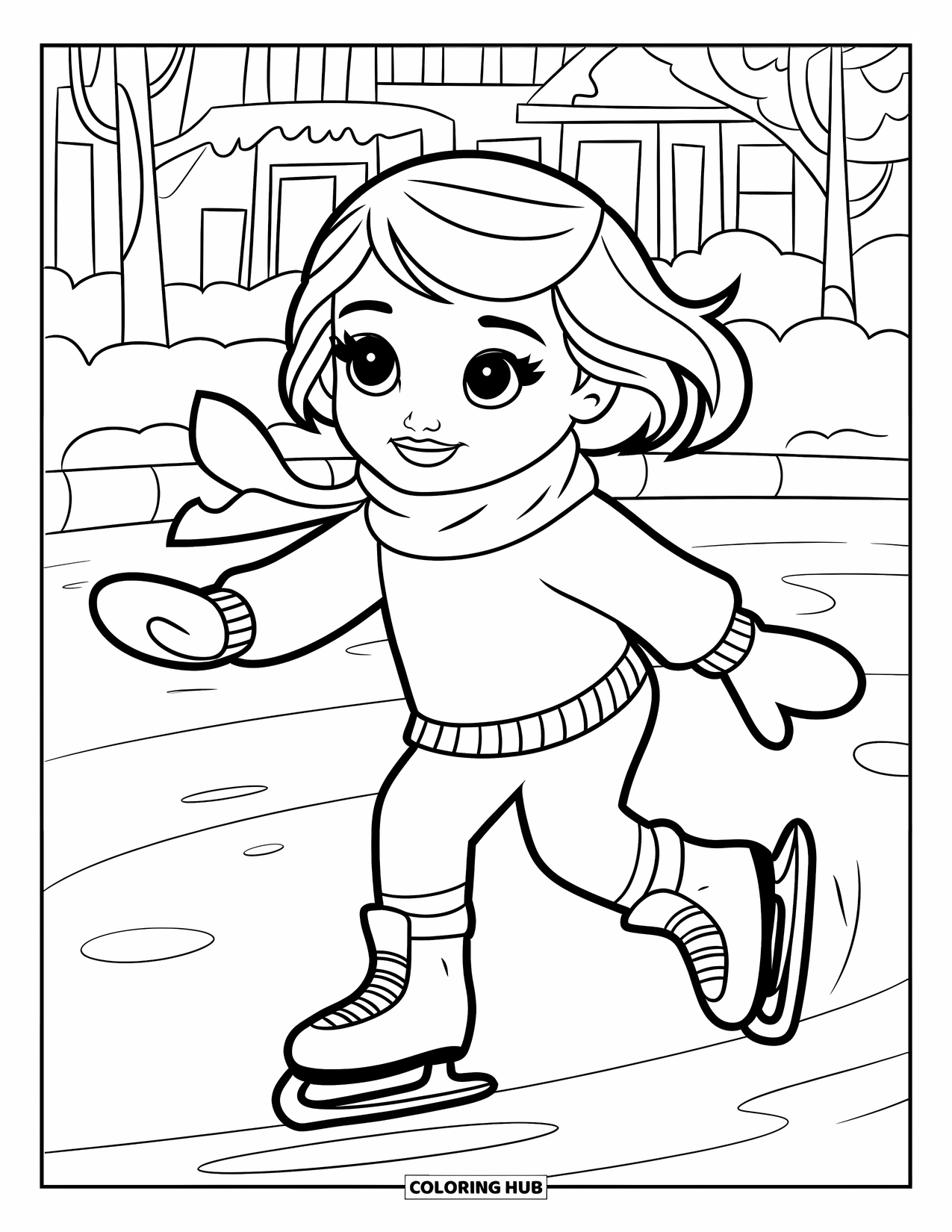 Kerst Kleurplaat voor Kinderen: Een speels meisje met wanten en een sjaal schaatst vrolijk op een bevroren vijver