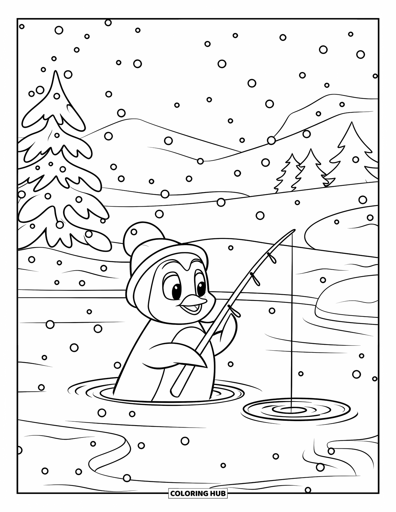 Kerst Kleurplaat voor Kinderen: Een speelse pinguïn zit bij een bevroren vijver, ijs te vissen in de koude winterlucht