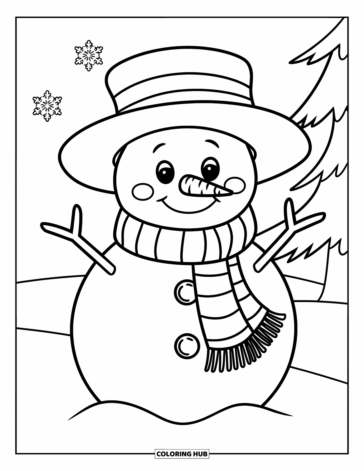 Kerst Kleurplaat voor Kinderen: Een speelse sneeuwpop met een wortelneus en een grote glimlach staat in een besneeuwd landschap