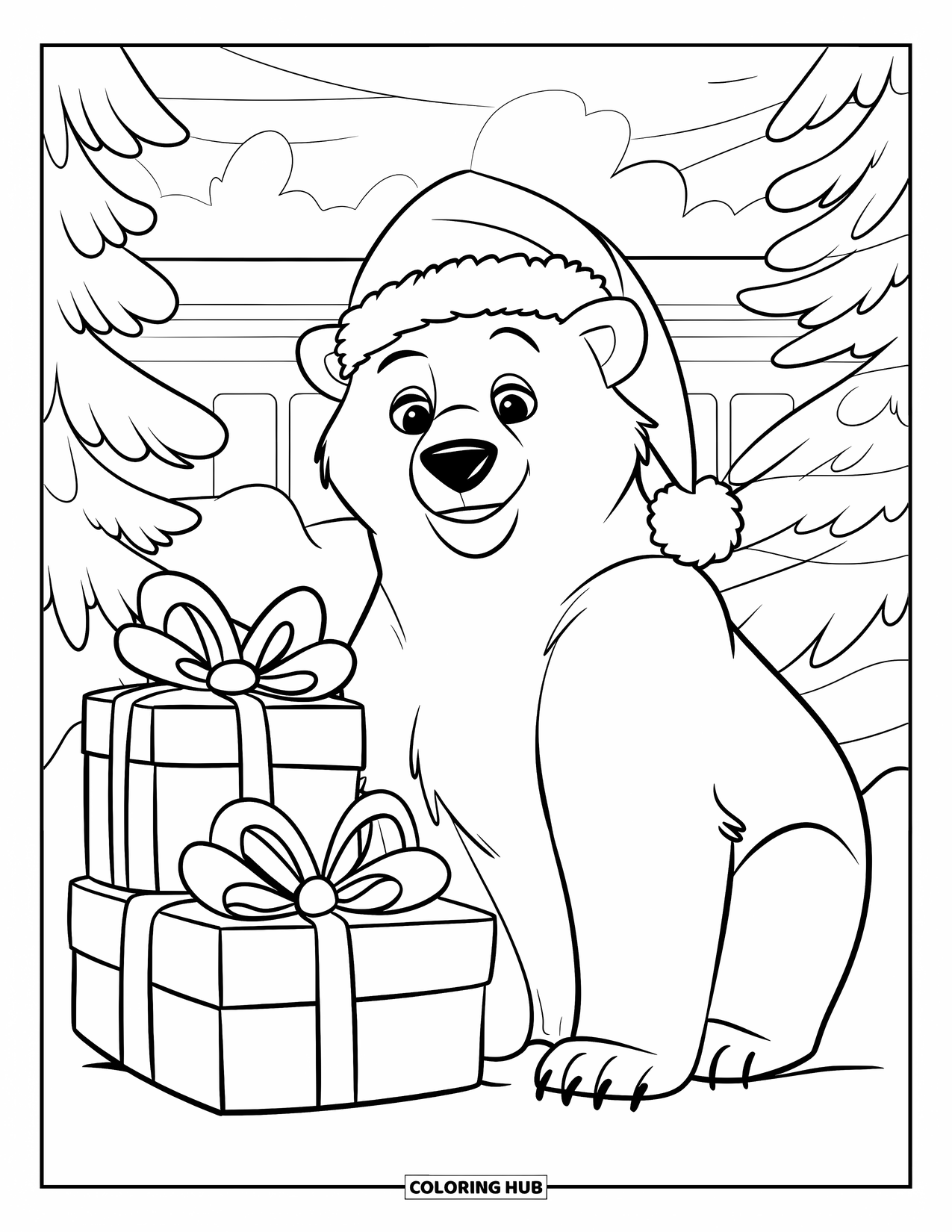 Kerst Kleurplaat voor Kinderen: Een ijsbeer met een kerstmuts zit naast een stapel cadeaus in een besneeuwde scène