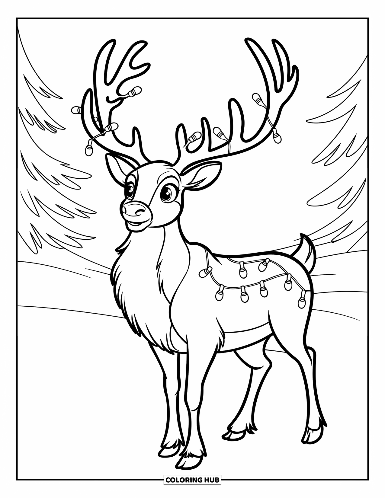 Kerst Kleurplaat voor Kinderen: Een rendier met een groot gewei versierd met gloeiende kerstverlichting staat in de sneeuw
