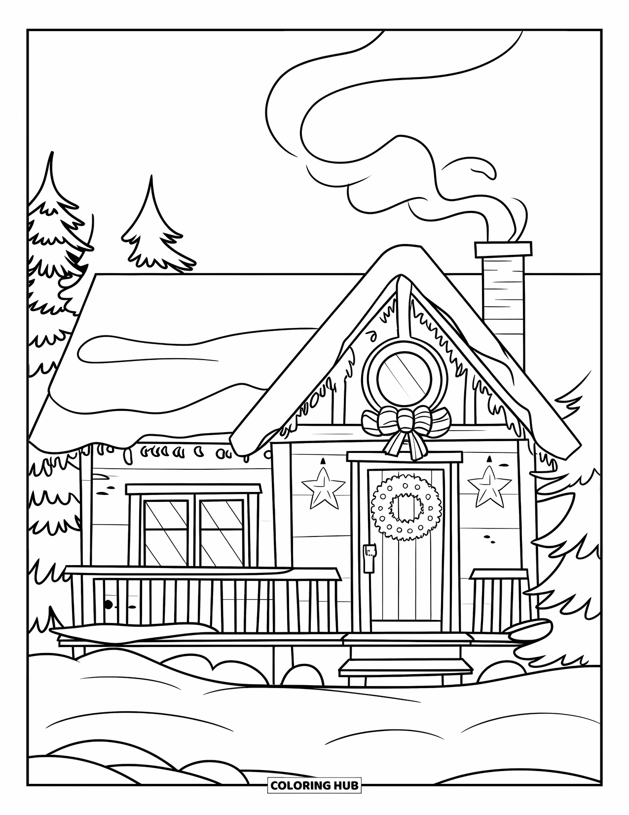 Kerst Kleurplaat voor Kinderen: Een rustieke winterhut met een krans, gloeiende ramen en rook die opstijgt in de nachtelijke hemel