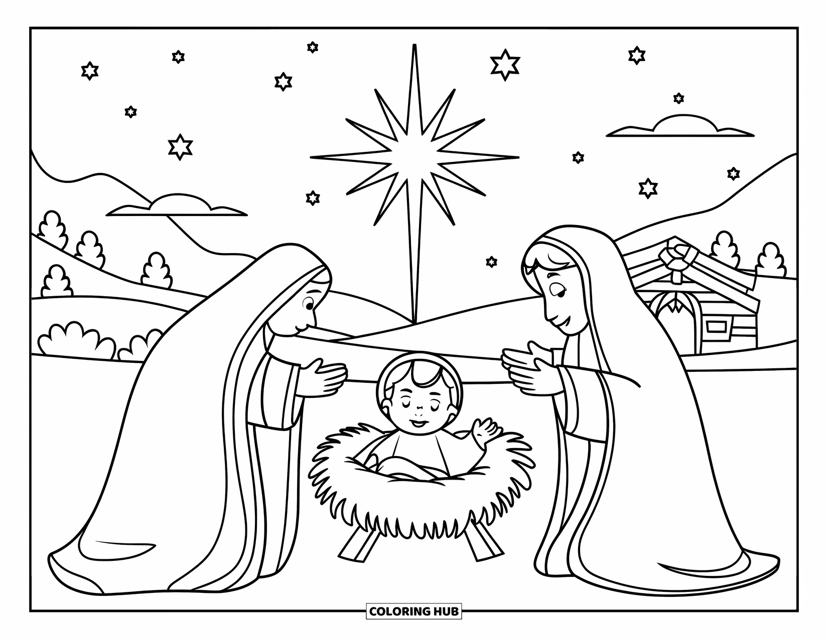 Kerst Kleurplaat voor Kinderen: Een serene kerststal met baby Jezus in een kribbe, omringd door bergen en bomen