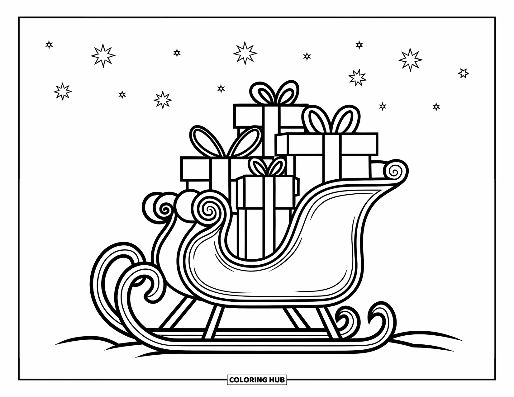 Kerst Kleurplaat voor Kinderen: Een slee met cadeautjes glijdt over besneeuwde heuvels onder een heldere nachthemel