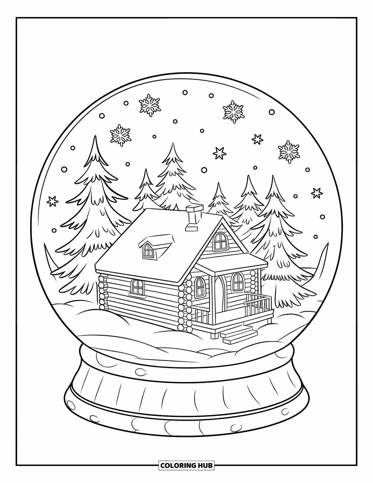 Kerst Kleurplaat voor Kinderen: Een sneeuwbol met een gezellige blokhut, besneeuwde dennenbomen en delicate vallende sneeuwvlokken