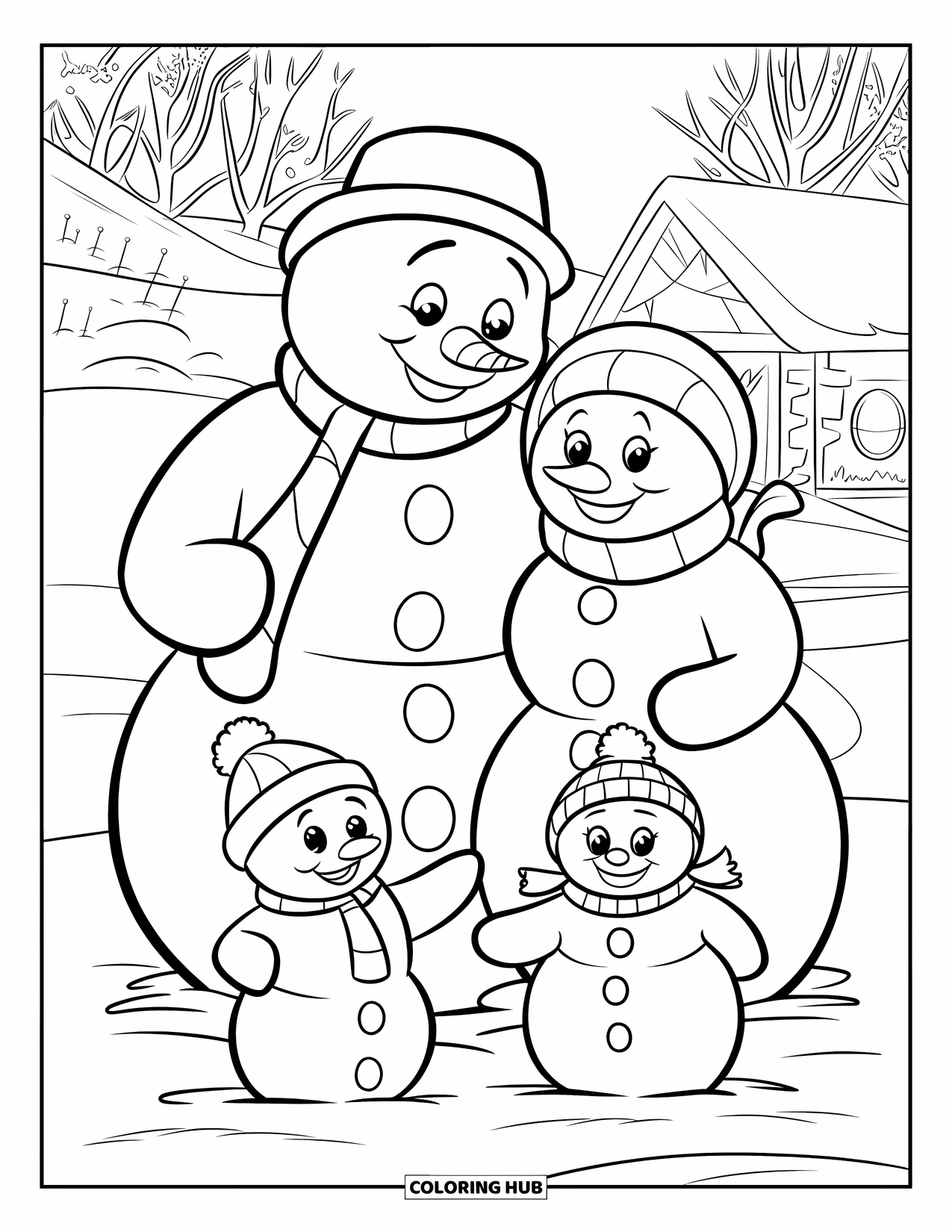 Kerst Kleurplaat voor Kinderen: Een sneeuwpopfamilie van vier kruipt tegen elkaar aan in een besneeuwd landschap met bomen