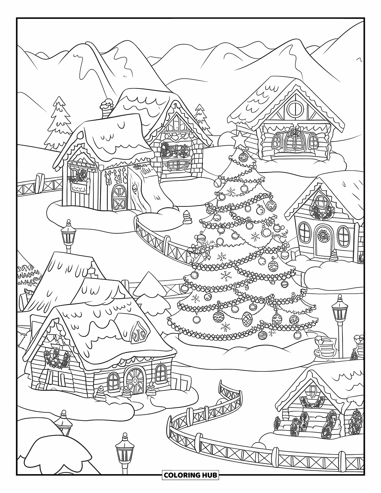 Kerst Kleurplaat voor Kinderen: Een besneeuwd kerstdorp met een versierde boom, feestelijke huizen en uitzicht op de bergen