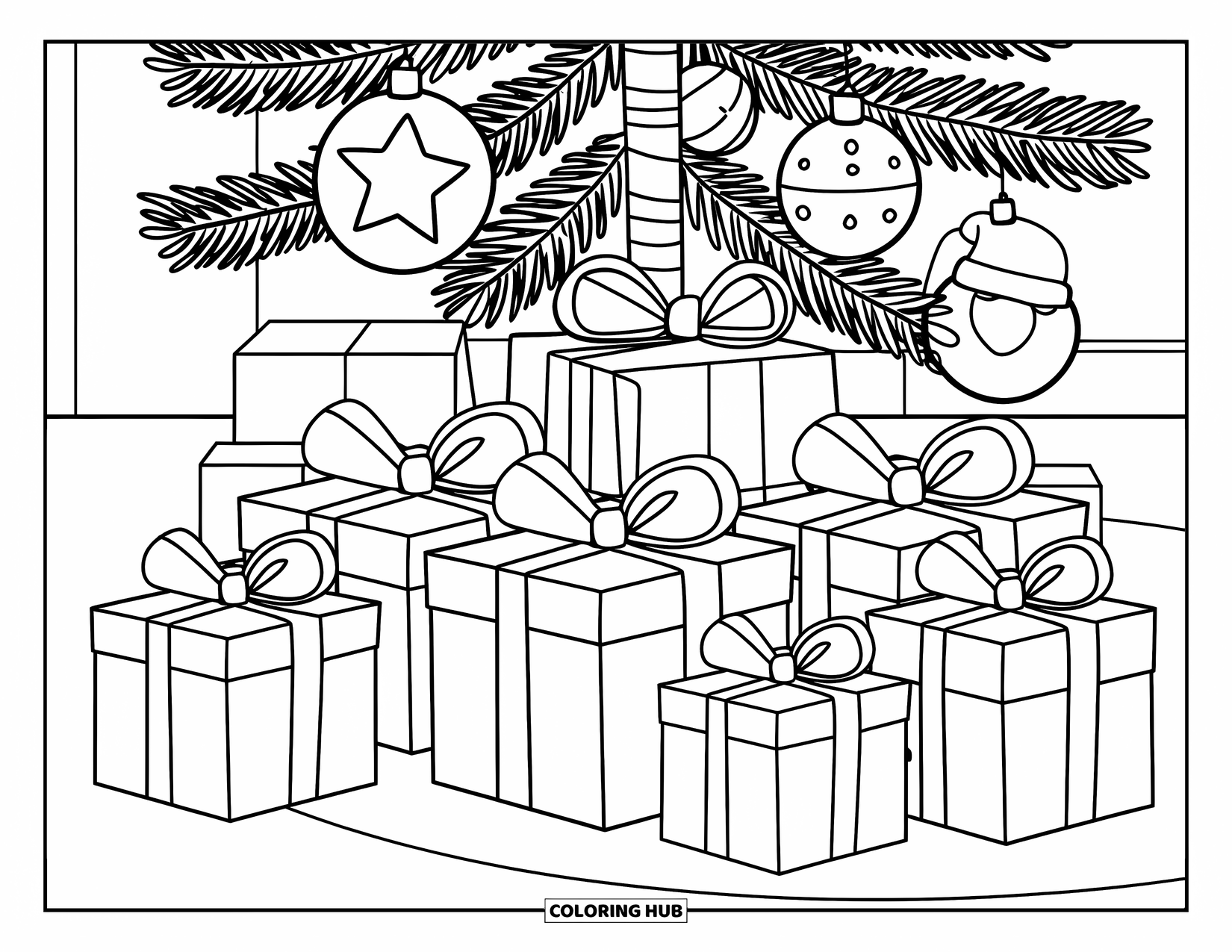 Kerst Kleurplaat voor Kinderen: Een stapel prachtig ingepakte cadeaus staat onder een kerstboom met glanzende ornamenten