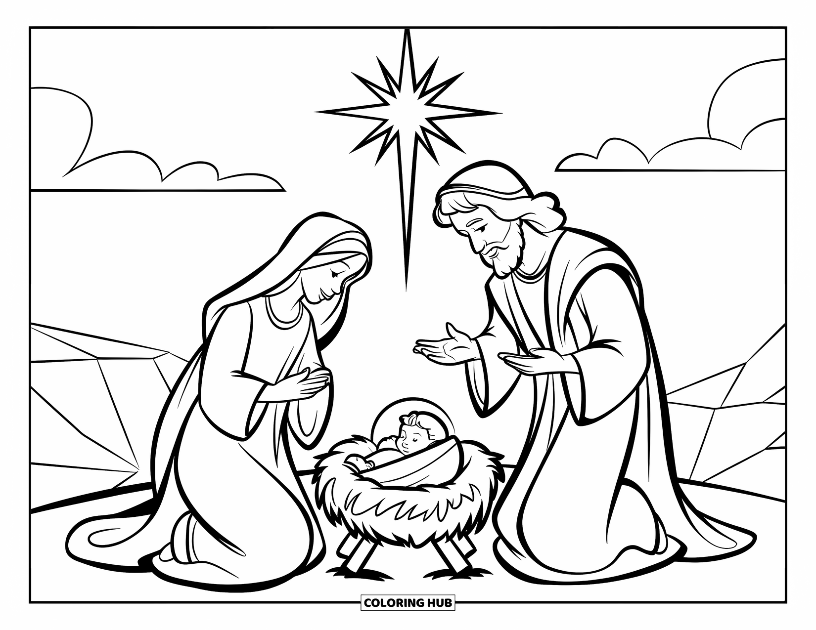 Kerst Kleurplaat voor Kinderen: Een glas-in-lood geïnspireerde kerststal met Maria, Jozef en Baby Jezus