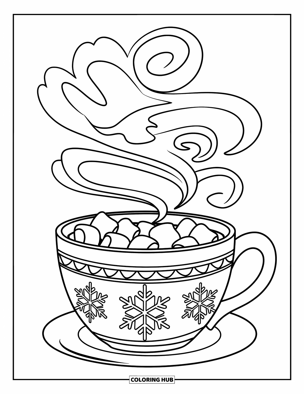Kerst Kleurplaat voor Kinderen: Een stomende kop warme chocolademelk met marshmallows, versierd met een sneeuwvlokpatroon