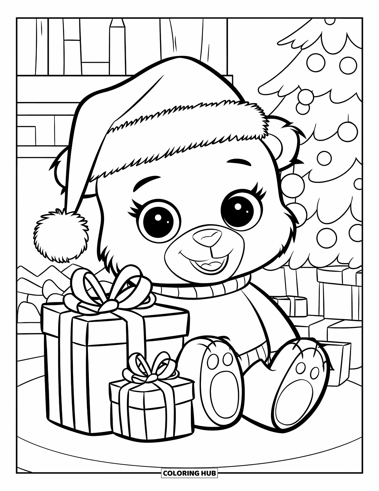Kerst Kleurplaat voor Kinderen: Een teddybeer met een kerstmuts zit bij een gezellige open haard, omringd door kerstcadeaus