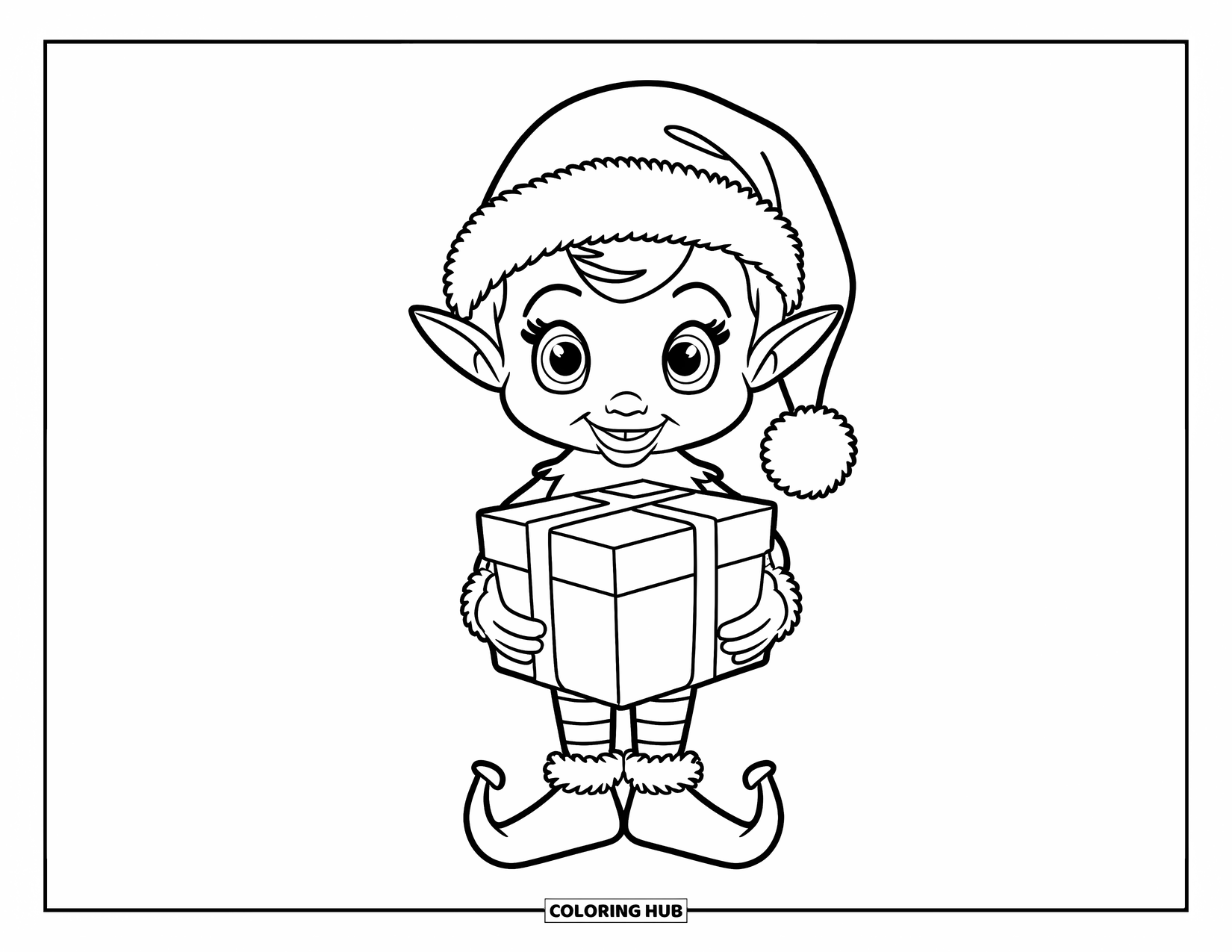 Kerst Kleurplaat voor Kinderen: Een kleine elf met een kerstmuts en puntige schoenen draagt een speciaal kerstcadeau