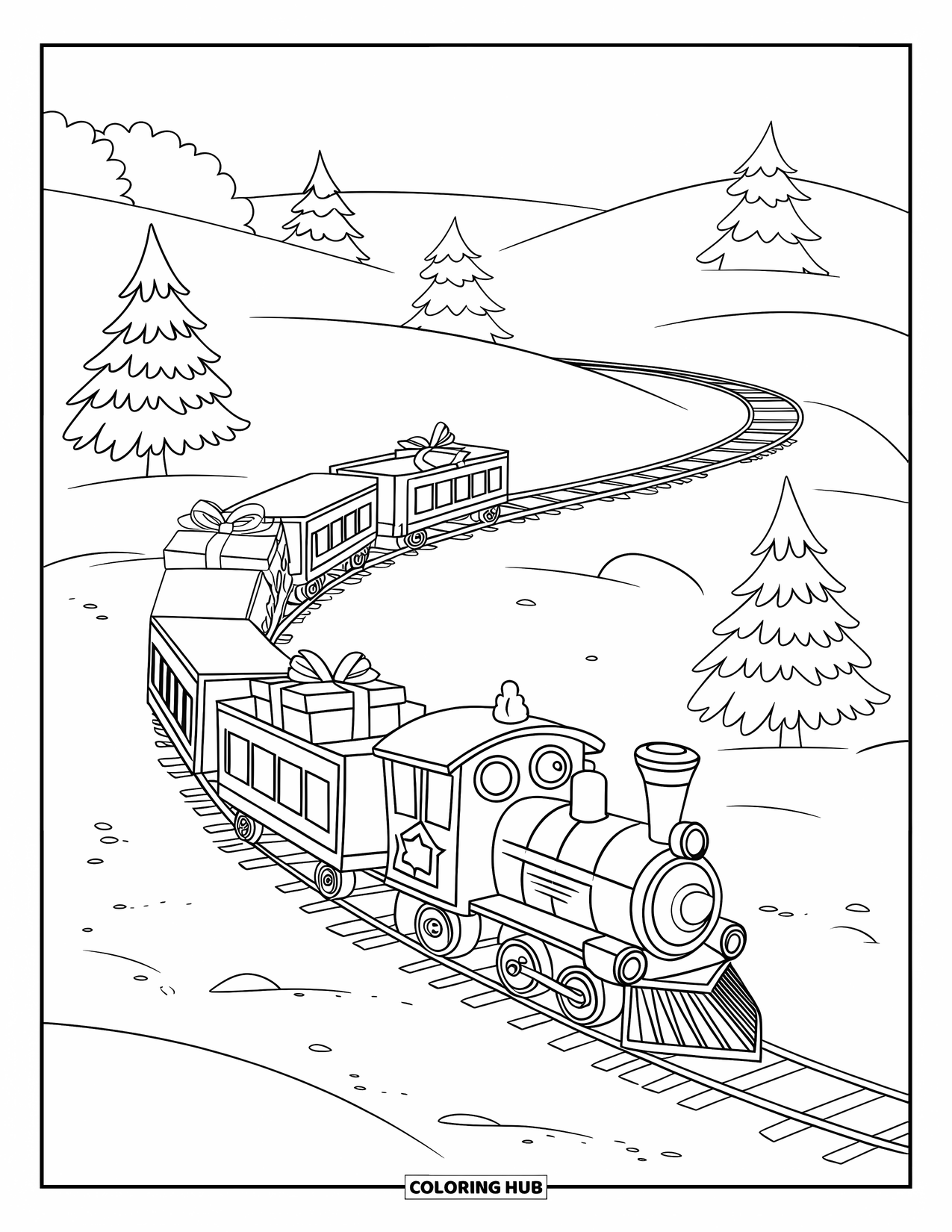 Kerst Kleurplaat voor Kinderen: Een speelgoedtrein tuft over een besneeuwde baan en vervoert cadeaus en feestvreugde