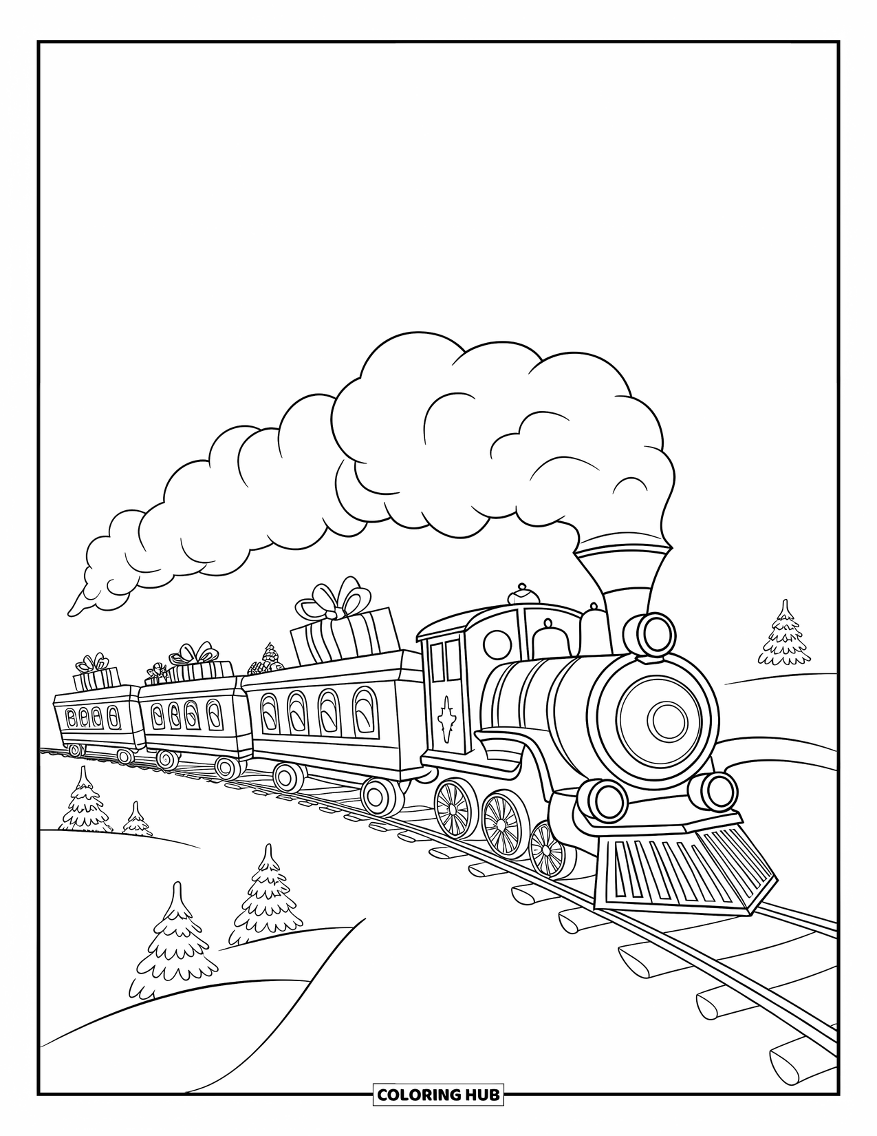 Kerst Kleurplaat voor Kinderen: Een speelgoedtrein gevuld met cadeaus rijdt over een besneeuwde baan langs dennenbomen
