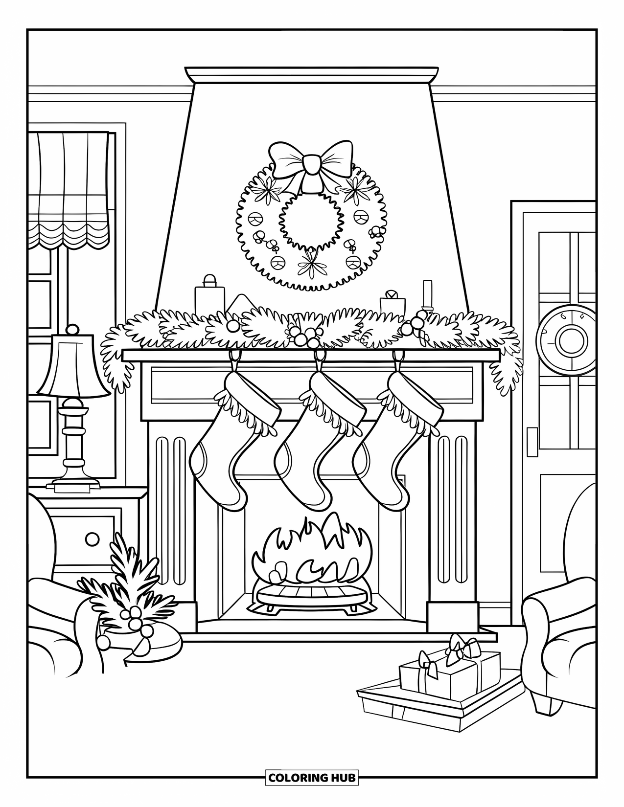Kerst Kleurplaat voor Kinderen: Een warme open haard met kousen, een krans en feestelijke versieringen op de schoorsteenmantel