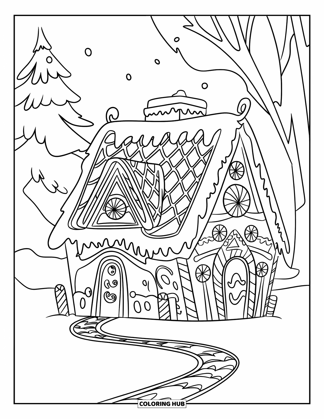 Kerst Kleurplaat voor Kinderen: Een grillig peperkoekhuis met een met snoep bekleed pad en besneeuwde pepermuntversieringen