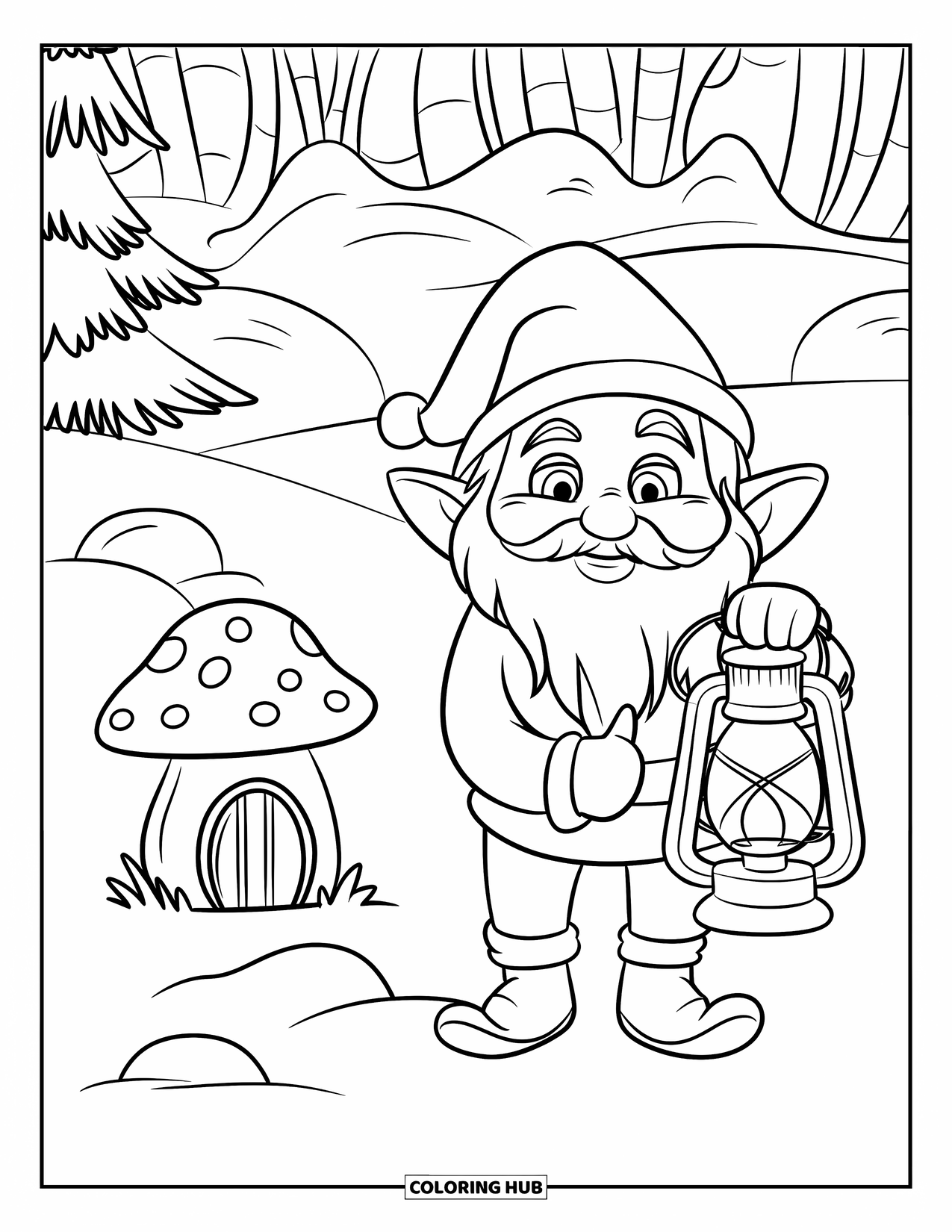 Kerst Kleurplaat voor Kinderen: Een winterkabouter houdt een lantaarn vast naast een klein paddenstoelenhuisje in een besneeuwd landschap