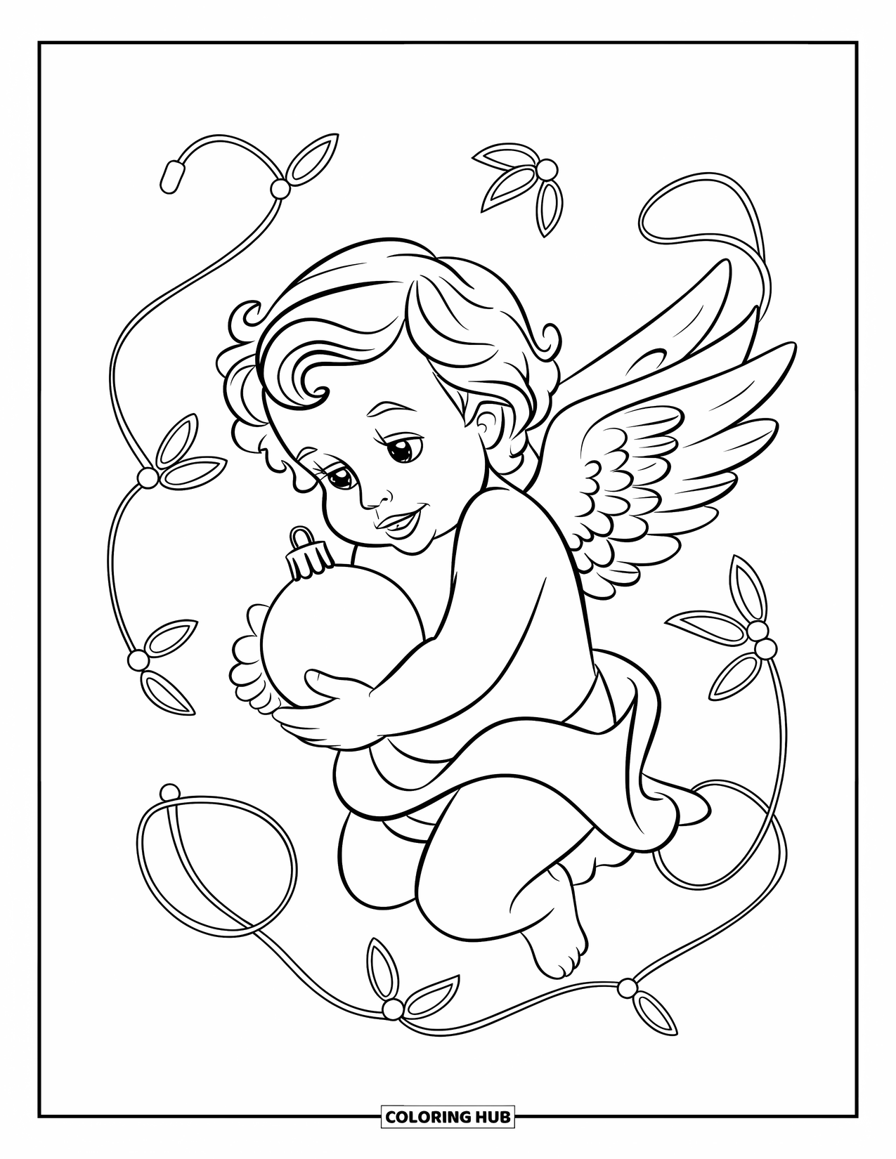 Kerst Kleurplaat voor Kinderen: Een engelachtige cherubijn houdt een gloeiende kerstbal vast, omringd door kerstverlichting en maretak