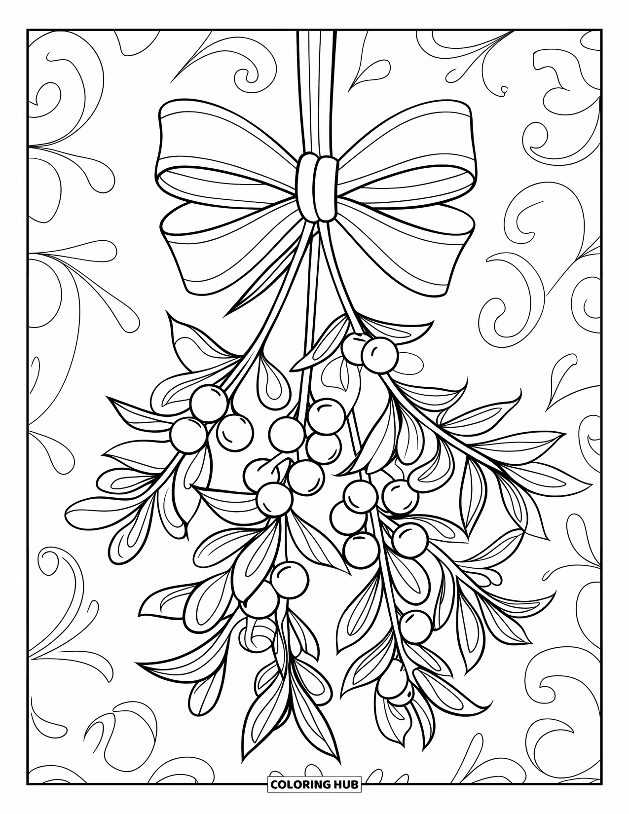 Kerst Kleurplaat voor Kinderen: Een ingewikkelde maretaktak vastgebonden met een strik, omlijst door wervelende feestdagenpatronen